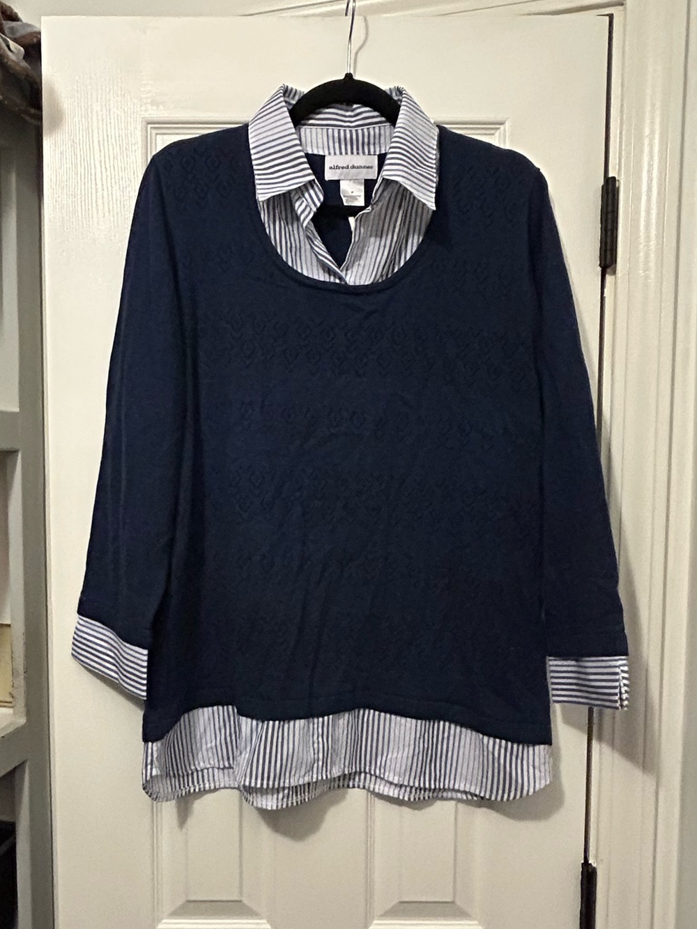 Navy Layered-Look Sweater with Striped Shirt Hem